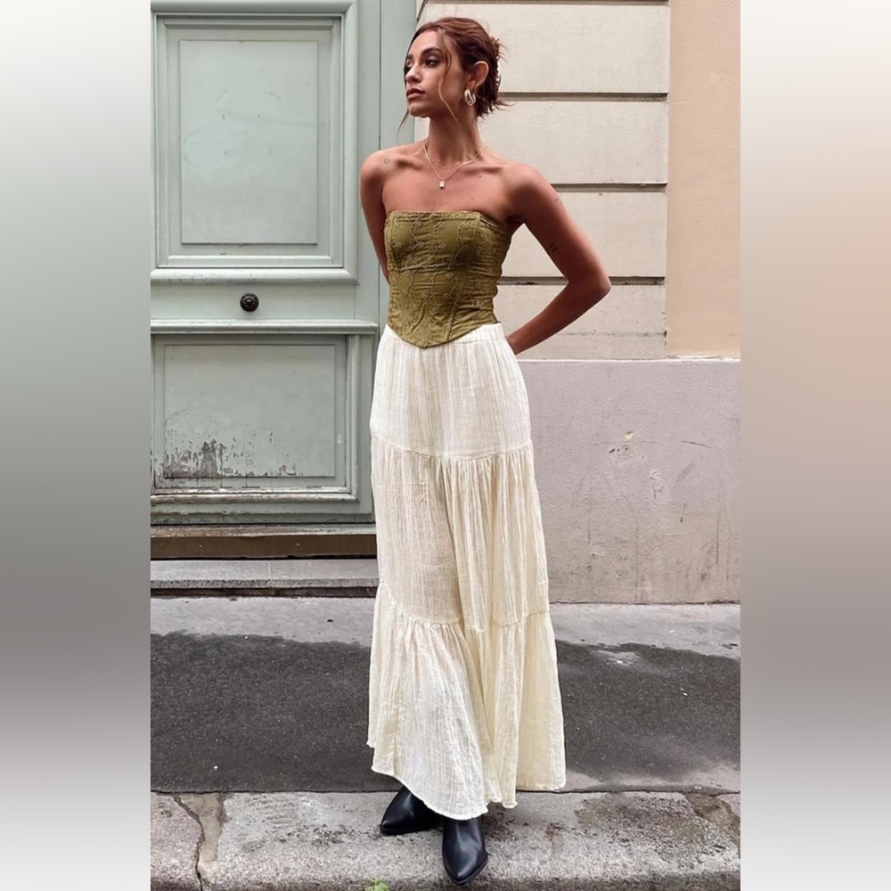 Princess Polly Olive and Cream Maxi Skirt